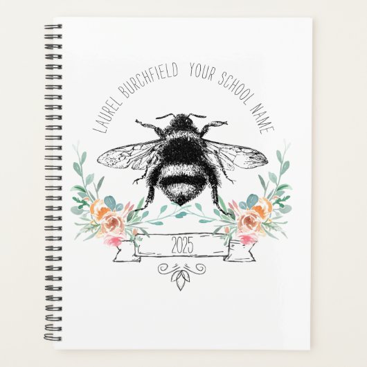 Elegant Blush Pink Green Bee Floral School Planner (Voorkant)