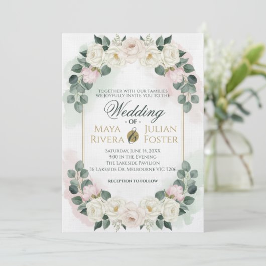 Elegant Blush Pink & Green Floral Wedding Invitati Kaart (Staand voorkant)