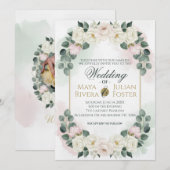 Elegant Blush Pink & Green Floral Wedding Invitati Kaart (Voorkant / Achterkant)