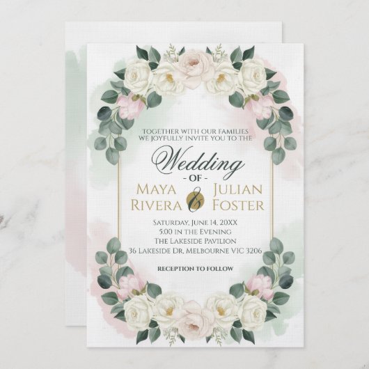 Elegant Blush Pink & Green Floral Wedding Invitati Kaart (Voorkant / Achterkant)