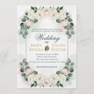 Elegant Blush Pink & Green Floral Wedding Invitati Kaart