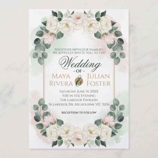 Elegant Blush Pink & Green Floral Wedding Invitati Kaart (Voorkant)