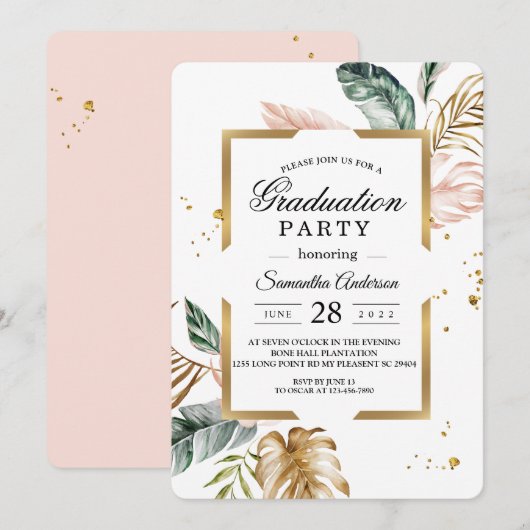 Elegant Blush Pink Green Gold Leaves | Gouddruppel Kaart (Voorkant / Achterkant)