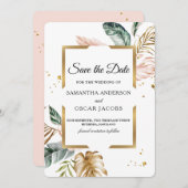 Elegant Blush Pink Green Gold Leaves | Gouddruppel Save The Date (Voorkant / Achterkant)