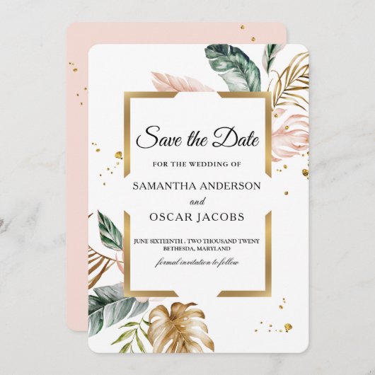 Elegant Blush Pink Green Gold Leaves | Gouddruppel Save The Date (Voorkant / Achterkant)