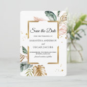 Elegant Blush Pink Green Gold Leaves | Gouddruppel Save The Date (Staand voorkant)