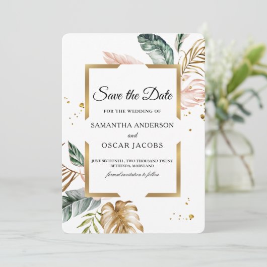 Elegant Blush Pink Green Gold Leaves | Gouddruppel Save The Date (Staand voorkant)