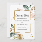 Elegant Blush Pink Green Gold Leaves | Gouddruppel Save The Date (Voorkant)