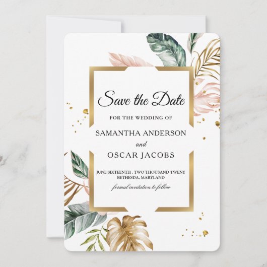 Elegant Blush Pink Green Gold Leaves | Gouddruppel Save The Date (Voorkant)