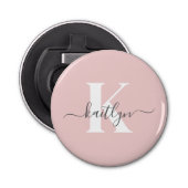 Elegant Blush Pink Grey Script Monogram Button Flesopener (Voorkant)