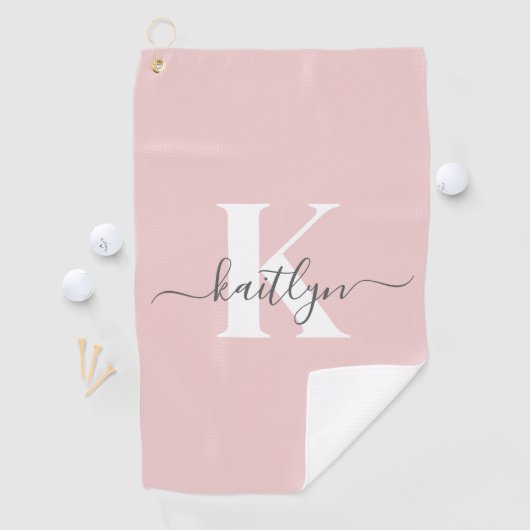 Elegant Blush Pink Grey Script Monogram Golfhanddoek (Insitu)