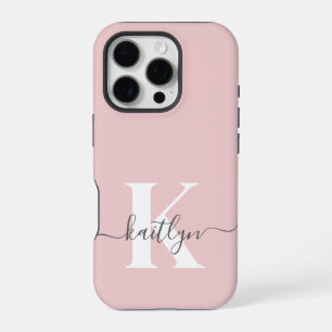 Elegant Blush Pink Grey Script Monogram iPhone 16 Pro Hoesje