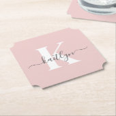 Elegant Blush Pink Grey Script Monogram Kartonnen Onderzetters (Gekanteld)