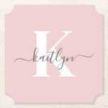 Elegant Blush Pink Grey Script Monogram Kartonnen Onderzetters<br><div class="desc">Deze eenvoudige, elegante blush roze ticket vormige papieren onderzetters met uw voornaam in een trendy script lettertype in grijs en uw eerste initiaal in een modern petten lettertype in wit zijn ideaal om uw tafels en tellers vrij te houden van waterringen. Ze absorberen druppels, zodat u zich geen zorgen hoeft...</div>
