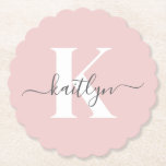Elegant Blush Pink Grey Script Monogram Kartonnen Onderzetters<br><div class="desc">Deze eenvoudige, elegante blush roze ronde gecanneleerde randpapier onderzetters met je voornaam in een trendy scriptlettertype in grijs en je eerste initiaal in een modern petten lettertype in wit zijn ideaal om je tafels en tellers vrij te houden van waterringen. Ze absorberen druppels, zodat u zich geen zorgen hoeft te...</div>
