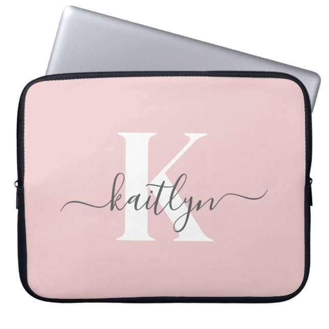 Elegant Blush Pink Grey Script Monogram Laptop Sleeve (Voorkant)