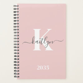 Elegant Blush Pink Grey Script Monogram Planner
