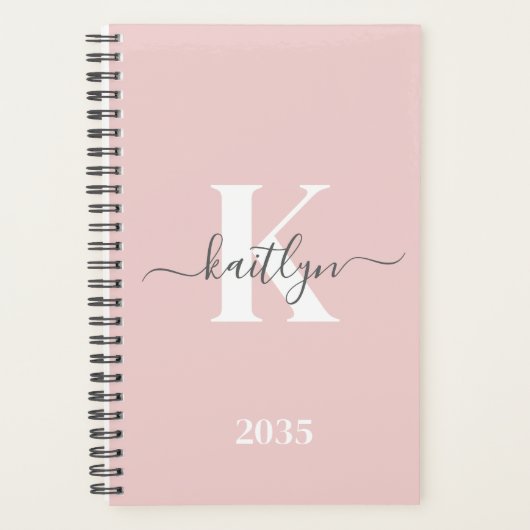 Elegant Blush Pink Grey Script Monogram Planner (Voorkant)