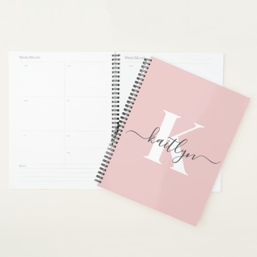 Elegant Blush Pink Grey Script Monogram Planner (Display)