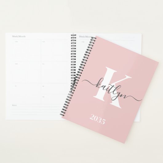 Elegant Blush Pink Grey Script Monogram Planner (Display)