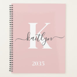 Elegant Blush Pink Grey Script Monogram Planner