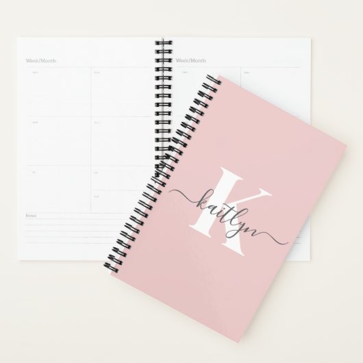 Elegant Blush Pink Grey Script Monogram Planner (Display)