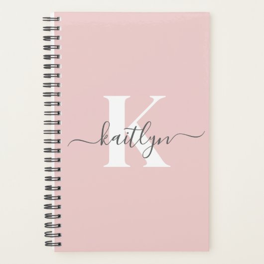 Elegant Blush Pink Grey Script Monogram Planner (Voorkant)