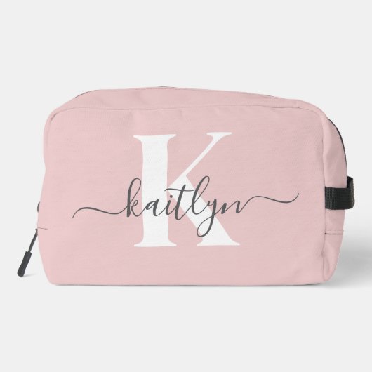 Elegant Blush Pink Grey Script Monogram Toilettasje (Achterkant)