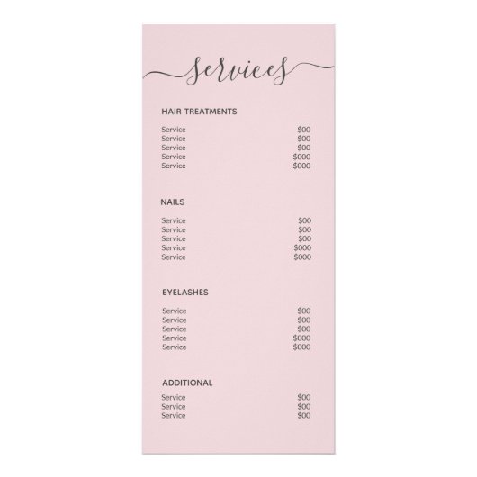 Elegant Blush Pink Hair Salon Makeup Service Menu (Achterkant)