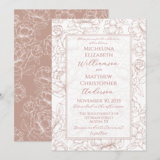 Elegant Blush Pink Hand-Drawn Floral Wedding  Invi Kaart (Voorkant / Achterkant)