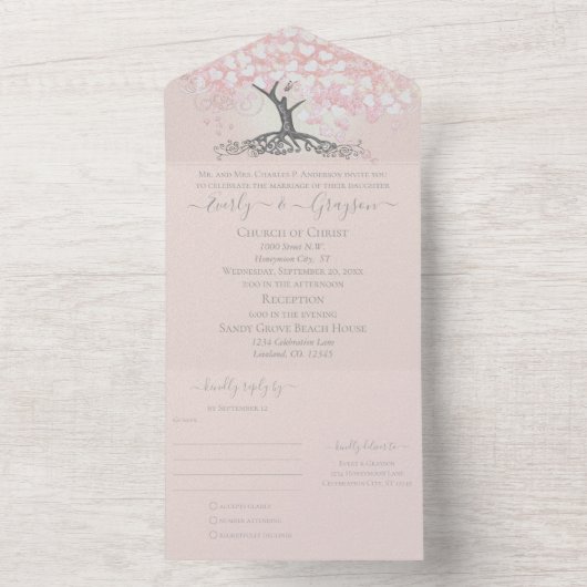 Elegant Blush Pink Heart Leaf Tree , die iedereen  All In One Uitnodiging (Binnen)