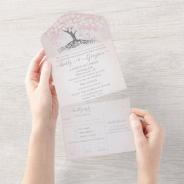 Elegant Blush Pink Heart Leaf Tree Weddenschap All In One Uitnodiging