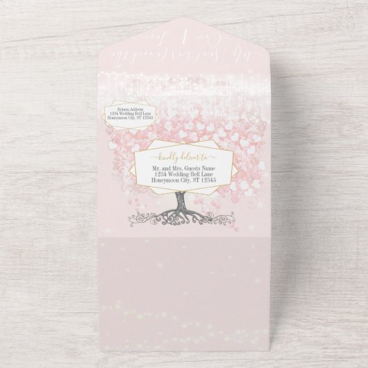 Elegant Blush Pink Heart Leaf Tree Weddenschap All In One Uitnodiging (Buitenkant)
