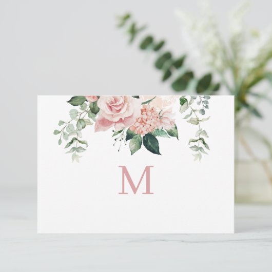 Elegant Blush Pink Hydrangea Monogram Notitie Kaar (Staand voorkant)