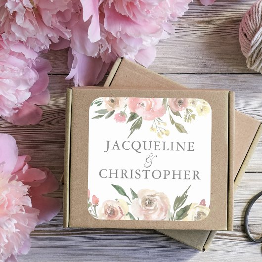 Elegant Blush Pink Ivory Floral Peony Wedding Vierkante Sticker