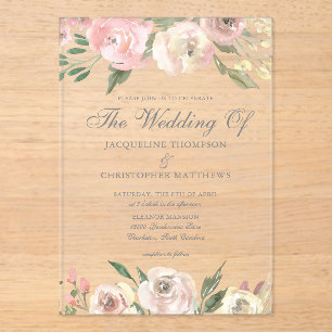 Elegant Blush Pink Ivory Floral Spring Wedding Acryl Uitnodigingen