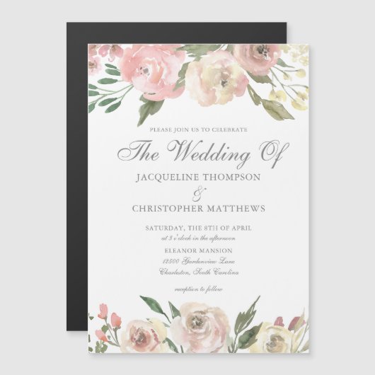 Elegant Blush Pink Ivory Floral Spring Wedding Magnetische Uitnodiging (Voorkant / Achterkant)