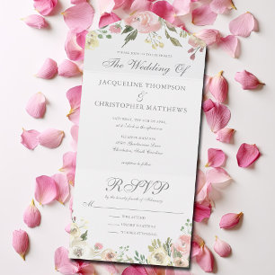 Elegant Blush Pink Ivory Peony Floral Wedding All In One Uitnodiging