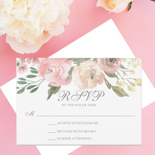 Elegant Blush Pink Ivory Sage Floral Wedding RSVP Kaartje