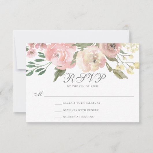 Elegant Blush Pink Ivory Sage Floral Wedding RSVP Kaartje (Voorkant)