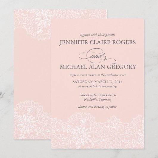 Elegant Blush Pink  Lace Wedding Kaart (Voorkant / Achterkant)