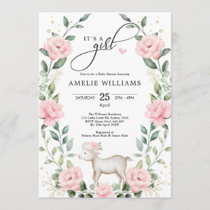 Elegant Blush Pink Lamb Girl Baby shower Kaart