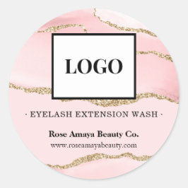 Elegant Blush Pink Marble Agate Beauty Lash Logo Ronde Sticker