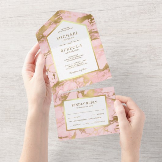 Elegant Blush Pink Marble Faux Gold Foil Weddensch All In One Uitnodiging (Afscheurbaar)