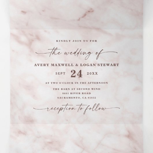 Elegant Blush Pink Metallic Marmer Wedding Drieluik Uitnodiging (Binnenkant midden)