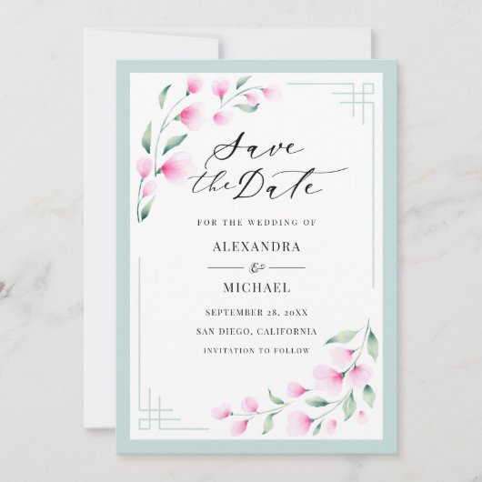 Elegant Blush Pink Mint Waterverf Floral Wedding Save The Date (Voorkant)