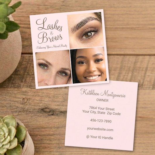Elegant Blush Pink Mocha Script 3 Photo Lashes Vierkante Visitekaartje
