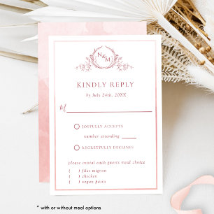 Elegant Blush Pink Monogram en Waterverf RSVP Kaartje