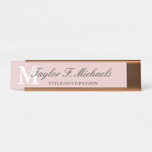 Elegant Blush Pink Monogram & Naam Bureau Naambordje (Voorkant)