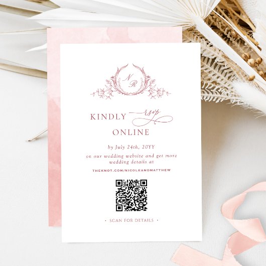 Elegant Blush Pink Monogram RSVP Online QR-code Informatiekaartje